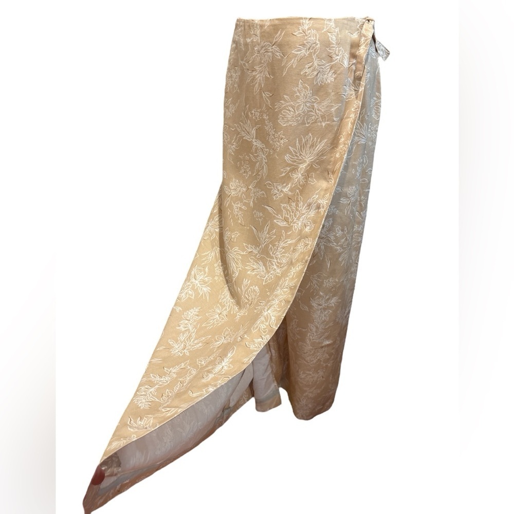 80s TALBOTS LINEN BLEND TAN & WHITE FLORAL PENCIL WRAP MAXI COLUMN SKIRT SZ 16 - Picture 5 of 9